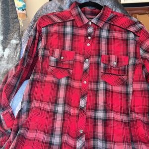 INC men’s nostalgic western detailed. style red grey plaid pearled snaps GUC. L